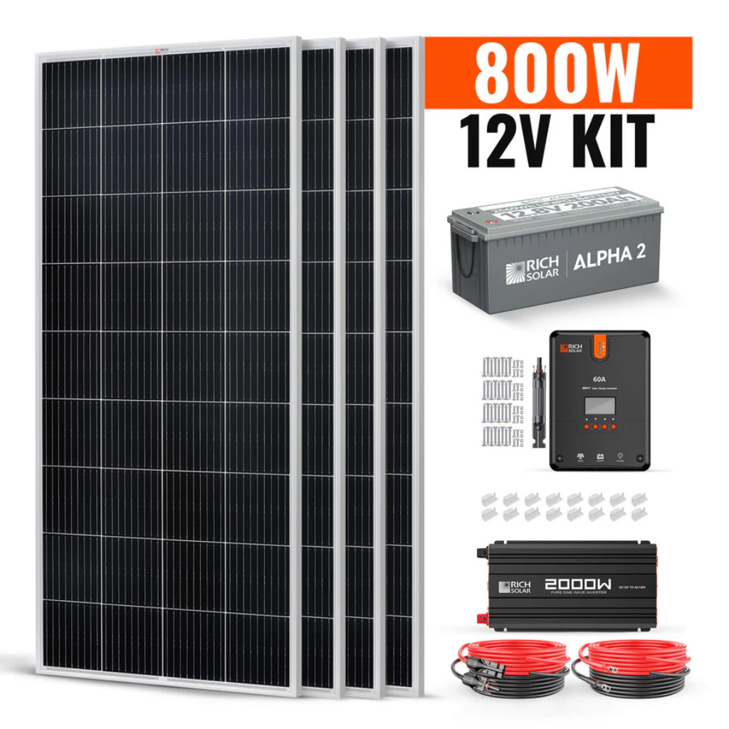 RichSolar 800W Solar Kit | 12V Off-Grid Energy System with Alpha 2 Lithium Battery & 4 Monocrystalline Panels | RS-CK800